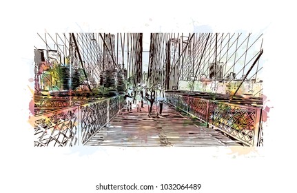 The Brooklyn Bridge is a hybrid cable-stayed bridge in New York City and is one of the oldest roadway bridges in the United States. Watercolor splash with Hand drawn sketch illustration in vector.