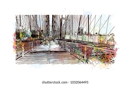 The Brooklyn Bridge is a hybrid cable-stayed bridge in New York City and is one of the oldest roadway bridges in the United States. Watercolor splash with Hand drawn sketch illustration in vector.