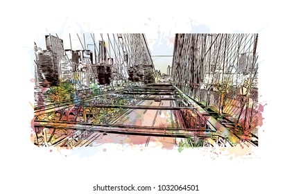 The Brooklyn Bridge is a hybrid cable-stayed bridge in New York City and is one of the oldest roadway bridges in the United States. Watercolor splash with Hand drawn sketch illustration in vector.