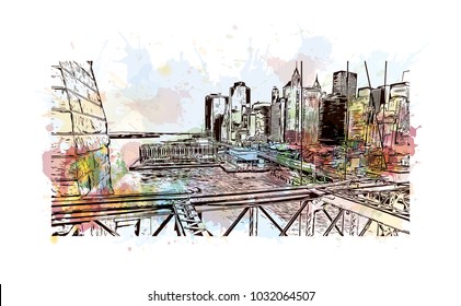 The Brooklyn Bridge is a hybrid cable-stayed bridge in New York City and is one of the oldest roadway bridges in the United States. Watercolor splash with Hand drawn sketch illustration in vector.