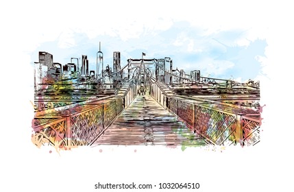 The Brooklyn Bridge is a hybrid cable-stayed bridge in New York City and is one of the oldest roadway bridges in the United States. Watercolor splash with Hand drawn sketch illustration in vector.