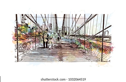 The Brooklyn Bridge is a hybrid cable-stayed bridge in New York City and is one of the oldest roadway bridges in the United States. Watercolor splash with Hand drawn sketch illustration in vector.