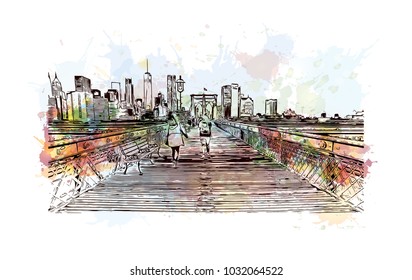 The Brooklyn Bridge is a hybrid cable-stayed bridge in New York City and is one of the oldest roadway bridges in the United States. Watercolor splash with Hand drawn sketch illustration in vector.