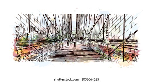 The Brooklyn Bridge is a hybrid cable-stayed bridge in New York City and is one of the oldest roadway bridges in the United States. Watercolor splash with Hand drawn sketch illustration in vector.