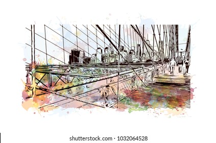 The Brooklyn Bridge is a hybrid cable-stayed bridge in New York City and is one of the oldest roadway bridges in the United States. Watercolor splash with Hand drawn sketch illustration in vector.