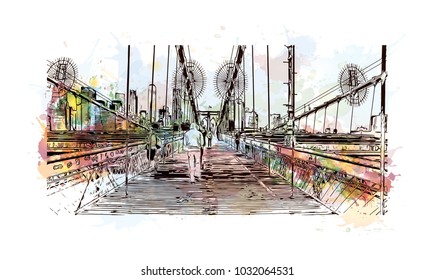 The Brooklyn Bridge is a hybrid cable-stayed bridge in New York City and is one of the oldest roadway bridges in the United States. Watercolor splash with Hand drawn sketch illustration in vector.