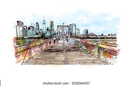 The Brooklyn Bridge is a hybrid cable-stayed bridge in New York City and is one of the oldest roadway bridges in the United States. Watercolor splash with Hand drawn sketch illustration in vector.