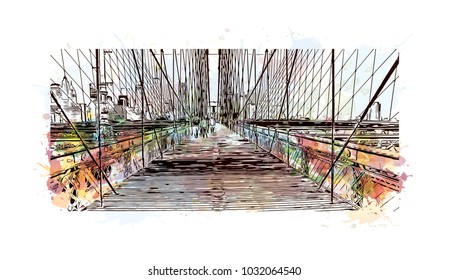 The Brooklyn Bridge is a hybrid cable-stayed bridge in New York City and is one of the oldest roadway bridges in the United States. Watercolor splash with Hand drawn sketch illustration in vector.