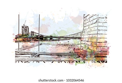 The Brooklyn Bridge is a hybrid cable-stayed bridge in New York City and is one of the oldest roadway bridges in the United States. Watercolor splash with Hand drawn sketch illustration in vector.
