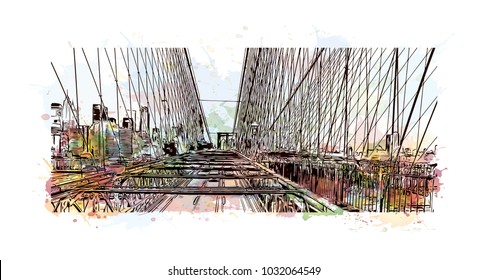 The Brooklyn Bridge is a hybrid cable-stayed bridge in New York City and is one of the oldest roadway bridges in the United States. Watercolor splash with Hand drawn sketch illustration in vector.