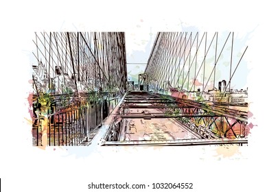 The Brooklyn Bridge is a hybrid cable-stayed bridge in New York City and is one of the oldest roadway bridges in the United States. Watercolor splash with Hand drawn sketch illustration in vector.