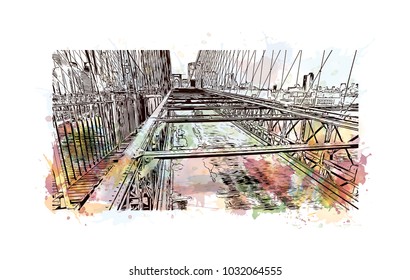 The Brooklyn Bridge is a hybrid cable-stayed bridge in New York City and is one of the oldest roadway bridges in the United States. Watercolor splash with Hand drawn sketch illustration in vector.