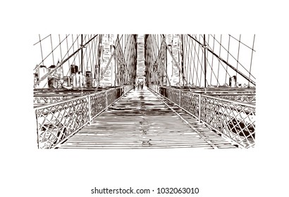 The Brooklyn Bridge is a hybrid cable-stayed/suspension bridge in New York City and is one of the oldest roadway bridges in the United States. Hand drawn sketch illustration in vector.