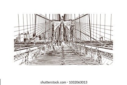 The Brooklyn Bridge is a hybrid cable-stayed/suspension bridge in New York City and is one of the oldest roadway bridges in the United States. Hand drawn sketch illustration in vector.