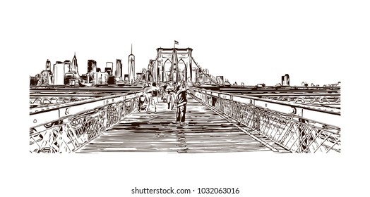 The Brooklyn Bridge is a hybrid cable-stayed/suspension bridge in New York City and is one of the oldest roadway bridges in the United States. Hand drawn sketch illustration in vector.