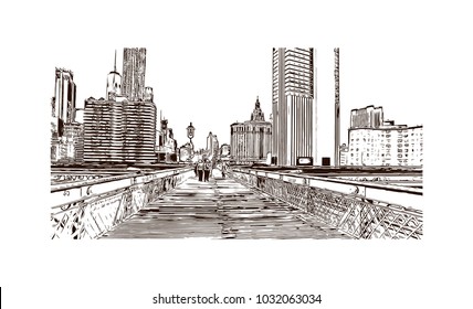 The Brooklyn Bridge is a hybrid cable-stayed/suspension bridge in New York City and is one of the oldest roadway bridges in the United States. Hand drawn sketch illustration in vector.