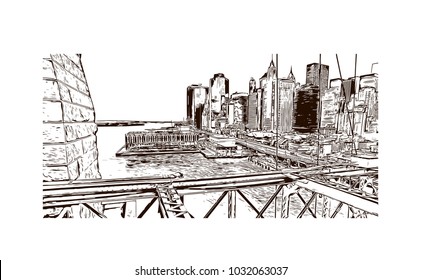 The Brooklyn Bridge is a hybrid cable-stayed/suspension bridge in New York City and is one of the oldest roadway bridges in the United States. Hand drawn sketch illustration in vector.