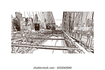 The Brooklyn Bridge is a hybrid cable-stayed/suspension bridge in New York City and is one of the oldest roadway bridges in the United States. Hand drawn sketch illustration in vector.