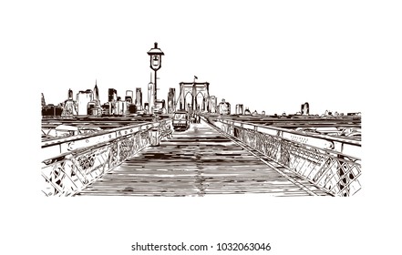 The Brooklyn Bridge is a hybrid cable-stayed/suspension bridge in New York City and is one of the oldest roadway bridges in the United States. Hand drawn sketch illustration in vector.