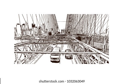 The Brooklyn Bridge is a hybrid cable-stayed/suspension bridge in New York City and is one of the oldest roadway bridges in the United States. Hand drawn sketch illustration in vector.