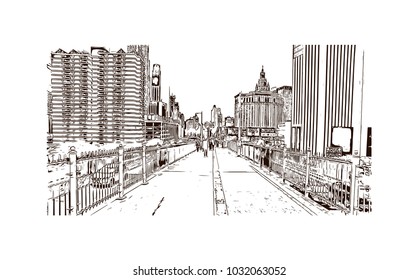 The Brooklyn Bridge is a hybrid cable-stayed/suspension bridge in New York City and is one of the oldest roadway bridges in the United States. Hand drawn sketch illustration in vector.