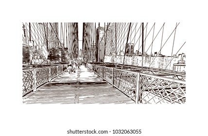 The Brooklyn Bridge is a hybrid cable-stayed/suspension bridge in New York City and is one of the oldest roadway bridges in the United States. Hand drawn sketch illustration in vector.