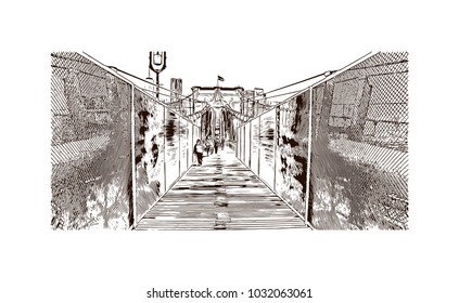 The Brooklyn Bridge is a hybrid cable-stayed/suspension bridge in New York City and is one of the oldest roadway bridges in the United States. Hand drawn sketch illustration in vector.