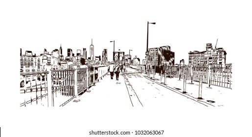 The Brooklyn Bridge is a hybrid cable-stayed/suspension bridge in New York City and is one of the oldest roadway bridges in the United States. Hand drawn sketch illustration in vector.