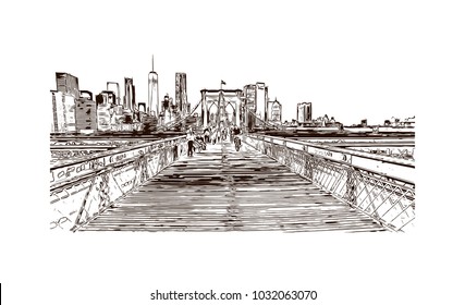 The Brooklyn Bridge is a hybrid cable-stayed/suspension bridge in New York City and is one of the oldest roadway bridges in the United States. Hand drawn sketch illustration in vector.