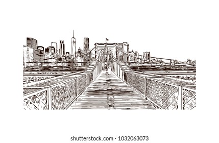 The Brooklyn Bridge is a hybrid cable-stayed/suspension bridge in New York City and is one of the oldest roadway bridges in the United States. Hand drawn sketch illustration in vector.