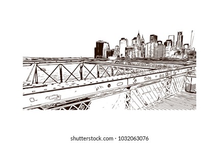 The Brooklyn Bridge is a hybrid cable-stayed/suspension bridge in New York City and is one of the oldest roadway bridges in the United States. Hand drawn sketch illustration in vector.