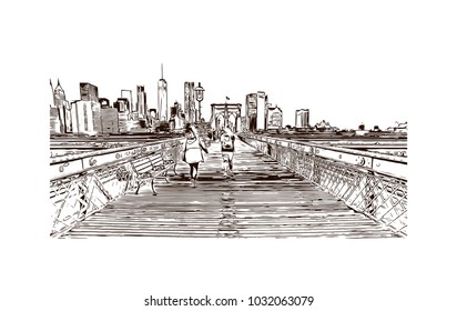 The Brooklyn Bridge is a hybrid cable-stayed/suspension bridge in New York City and is one of the oldest roadway bridges in the United States. Hand drawn sketch illustration in vector.