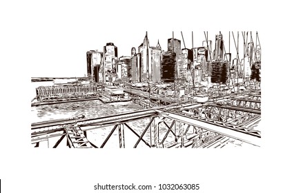 The Brooklyn Bridge is a hybrid cable-stayed/suspension bridge in New York City and is one of the oldest roadway bridges in the United States. Hand drawn sketch illustration in vector.