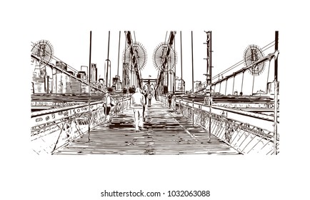 The Brooklyn Bridge is a hybrid cable-stayed/suspension bridge in New York City and is one of the oldest roadway bridges in the United States. Hand drawn sketch illustration in vector.