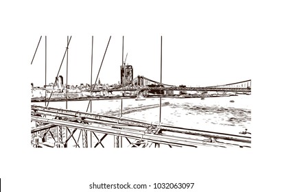 The Brooklyn Bridge is a hybrid cable-stayed/suspension bridge in New York City and is one of the oldest roadway bridges in the United States. Hand drawn sketch illustration in vector.