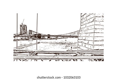 The Brooklyn Bridge is a hybrid cable-stayed/suspension bridge in New York City and is one of the oldest roadway bridges in the United States. Hand drawn sketch illustration in vector.
