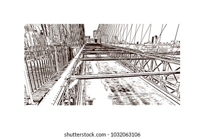 The Brooklyn Bridge is a hybrid cable-stayed/suspension bridge in New York City and is one of the oldest roadway bridges in the United States. Hand drawn sketch illustration in vector.