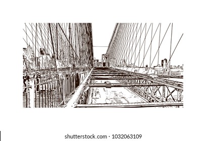 The Brooklyn Bridge is a hybrid cable-stayed/suspension bridge in New York City and is one of the oldest roadway bridges in the United States. Hand drawn sketch illustration in vector.