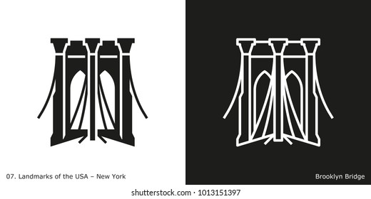 Brooklyn Bridge Icon - New York. Famous American landmark icon in line and glyph style.