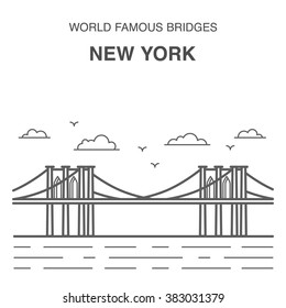 Brooklyn bridge illustration made in line art style. New York city landmark. World famous bridges set.