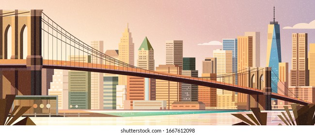 Brooklyn bridge and Manhattan skyline in flat style, New York City scene