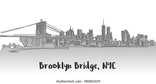 Brooklyn Bridge Manhattan Skyline Landmark, Hand-drawn Vector Outline Sketch