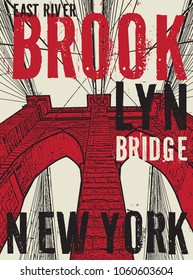 Brooklyn bridge, New York city, silhouette illustration in flat design, t-shirt print design or poster, vector illustration