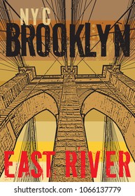 Brooklyn bridge, New York city, silhouette illustration in flat design, t-shirt print design or poster, vector illustration