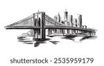 Brooklyn Bridge in New York, hand drawn illustration.	