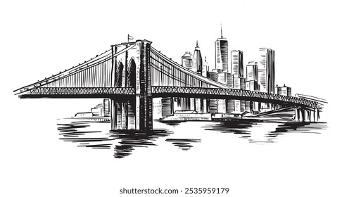 Brooklyn Bridge in New York, hand drawn illustration.	