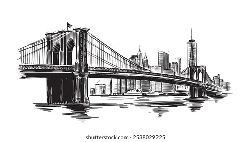 Puente de Brooklyn en la Nueva York, ilustración dibujada a mano.	