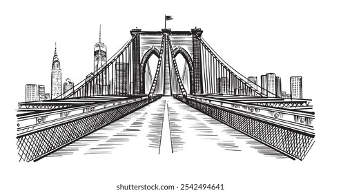 Brooklyn Bridge in New York, hand drawn illustration.