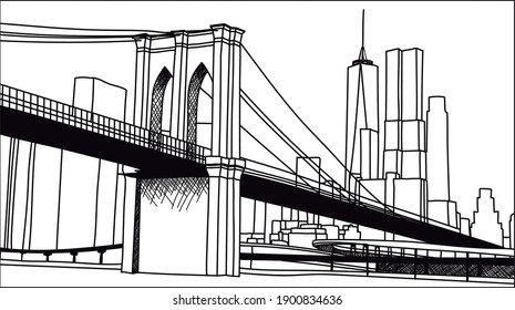 Brooklyn Bridge, New York, Brooklyn Pony Drawing, Black And White