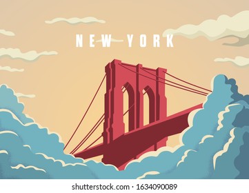 Brooklyn bridge in New York in USA postcard vector template. Bridge in sunset with clouds or fog below. Vintage colors. Famous tourist landmark. Eps10 illustration.